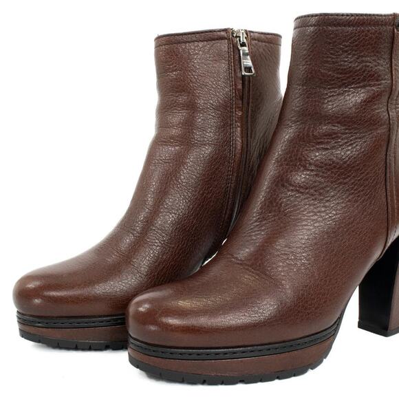 Prada Leather Block Heel Pull On Platform Ankle Booties Brown Women Size EU 38.5 - Picture 1 of 7